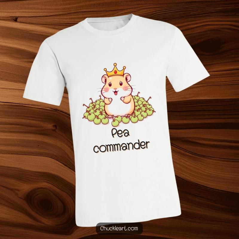 Funny hamster in a small crown commanding an army of peas, showcasing pet power and quirky humor.