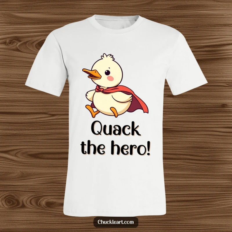 Funny duck superhero t-shirt, confident and brave, flying with a tiny cape, perfect for spreading humor, a great funny gift.