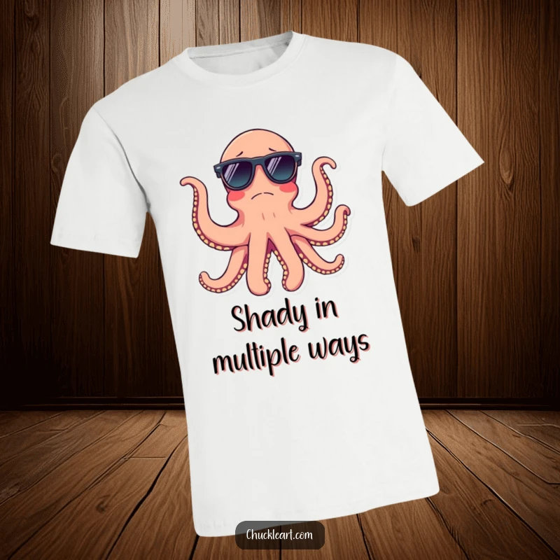 Funny octopus wearing sunglasses on all eight arms, printed on a t-shirt, cool and comical.