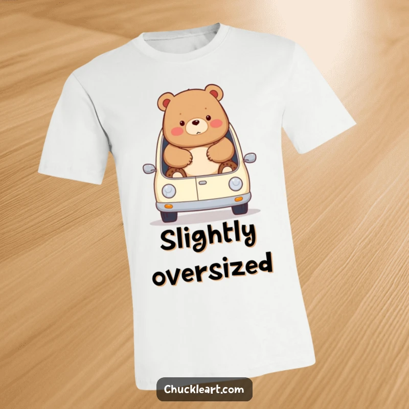 Funny chubby bear comically attempts to fit in a miniature car, spilling out, printed on a t-shirt for a funny gift.