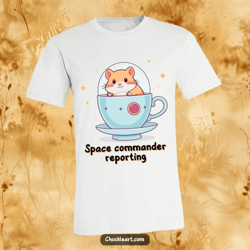 Funny hamster t-shirt featuring a determined hamster piloting a giant teacup spaceship through space, a humorous take on adventure and dreams.
