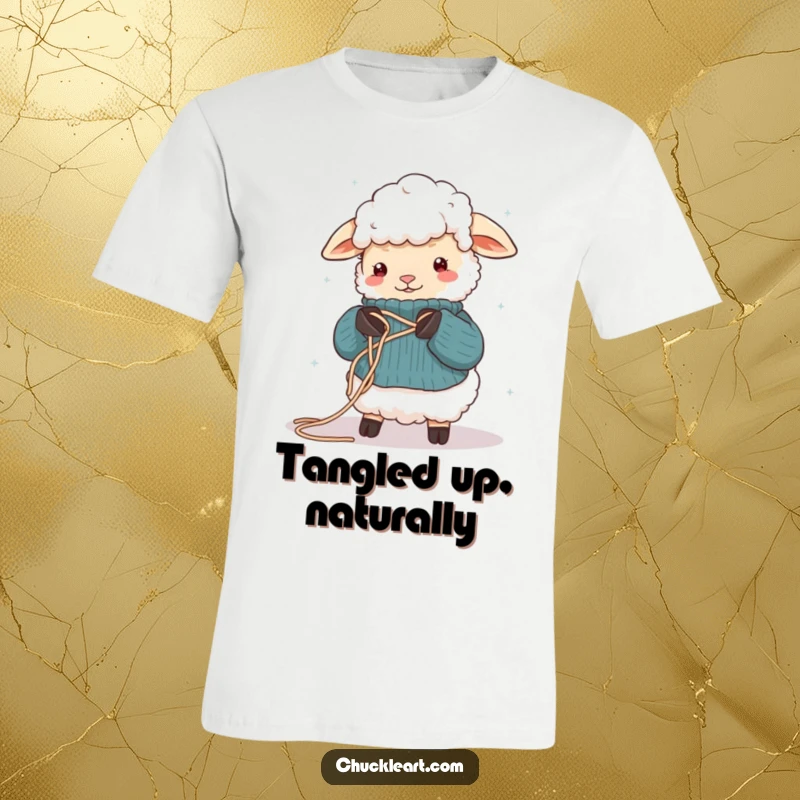 Funny t-shirt depicting a sheep hilariously tangled in wool while trying to knit a sweater, a humorous take on crafting challenges.