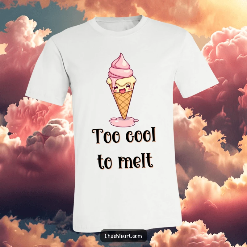 Funny t-shirt depicting a melting ice cream cone striking a dramatic pose, showcasing a humorous and artistic representation of a sweet treat.
