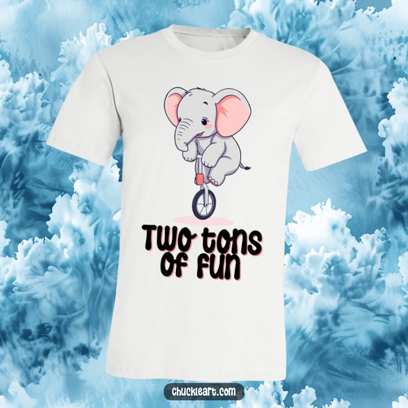 Funny elephant t-shirt depicting a clumsy baby elephant wobbling precariously on a small unicycle, with a look of concentration.