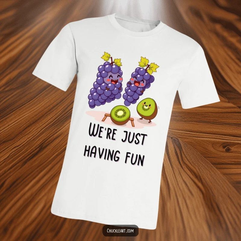 Funny t-shirt with a giggling bunch of grapes playing leapfrog with a kiwi, showcasing a whimsical and humorous fruit adventure.
