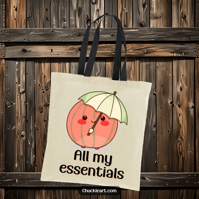 Funny shy watermelon blushing crimson, hiding behind a tiny umbrella, a humorous and practical tote bag.