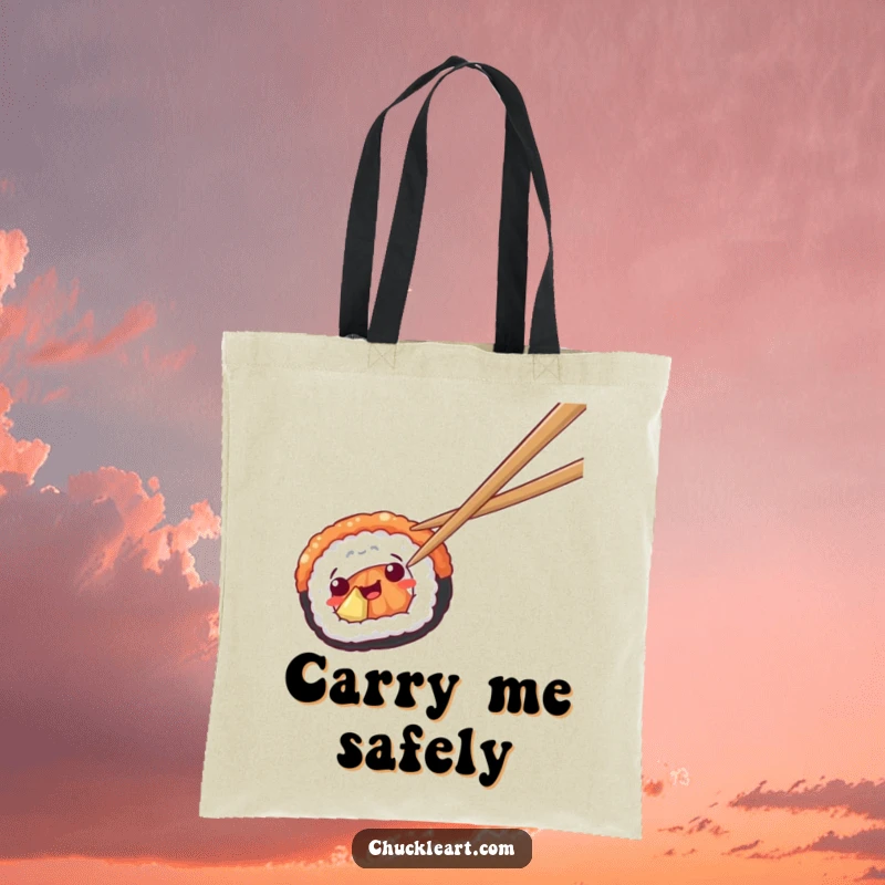 Funny tote bag with sushi piece escaping chopsticks, perfect for shopping and food humor.