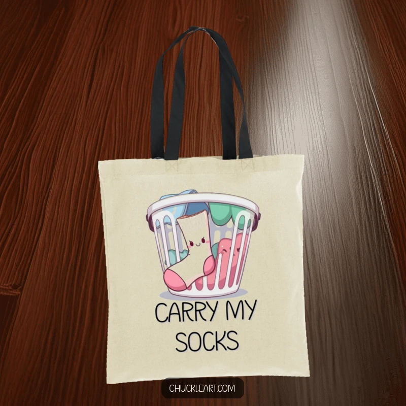 Funny determined sock escaping a laundry basket, on a tote bag, a humorous accessory for laundry day.