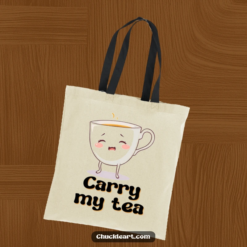 Funny bewildered teacup with legs, pouring liquid, on a tote bag, a humorous accessory for daily tasks.