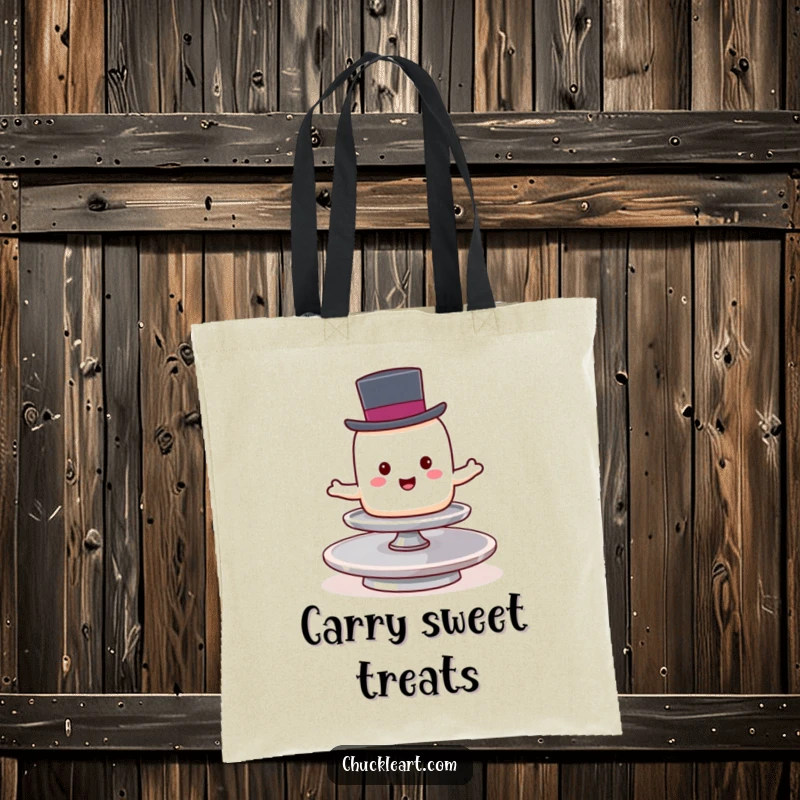 Funny marshmallow in a top hat balances on a spinning plate, a humorous and practical tote bag.