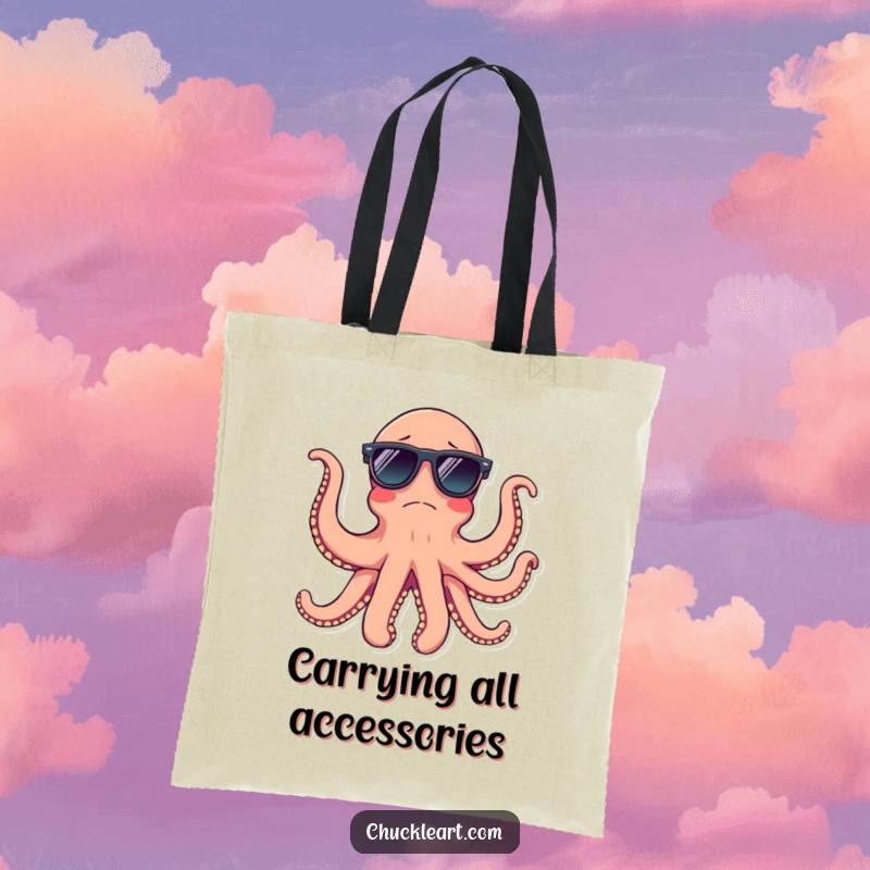 Funny octopus wearing sunglasses on multiple arms, on a durable tote bag, beachy humor.