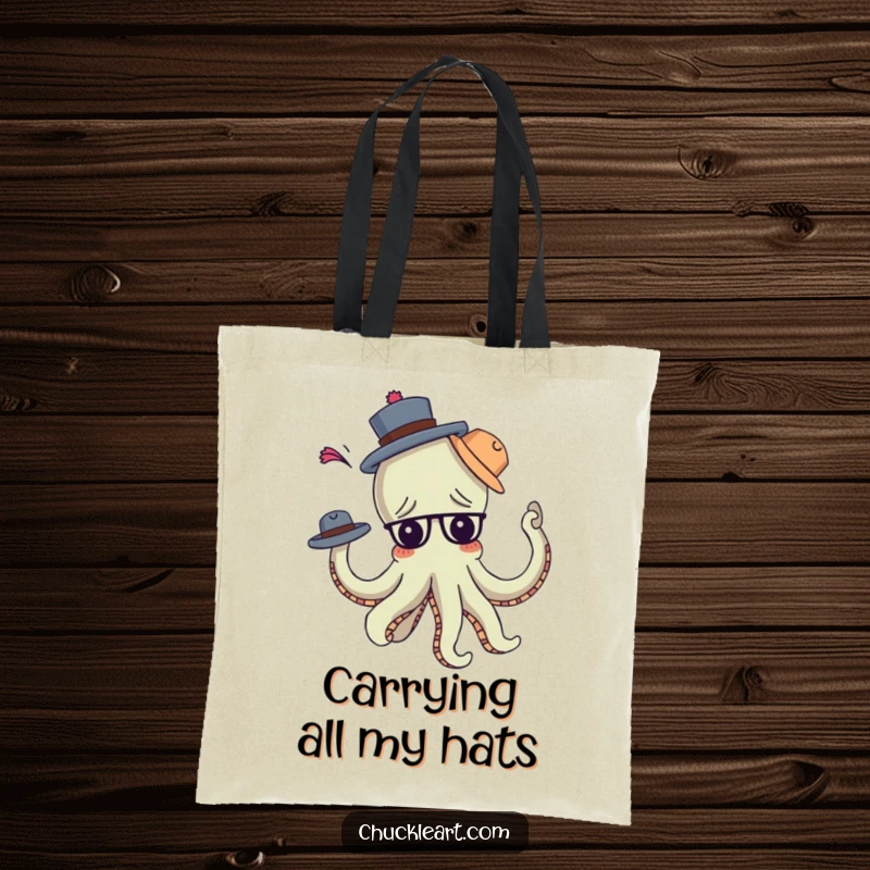 Funny confused octopus comically tangled in multiple hats, arms akimbo, on a durable tote bag, great for a funny gift.