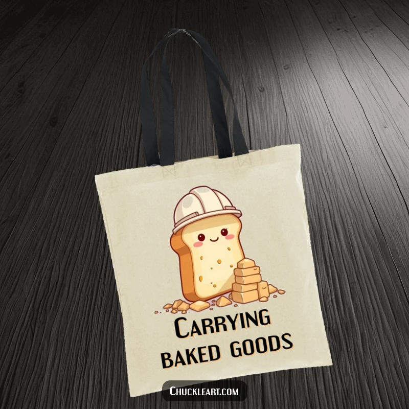 Funny tote bag with a bread loaf in a construction hat building a crumb tower, a humorous carry-all.