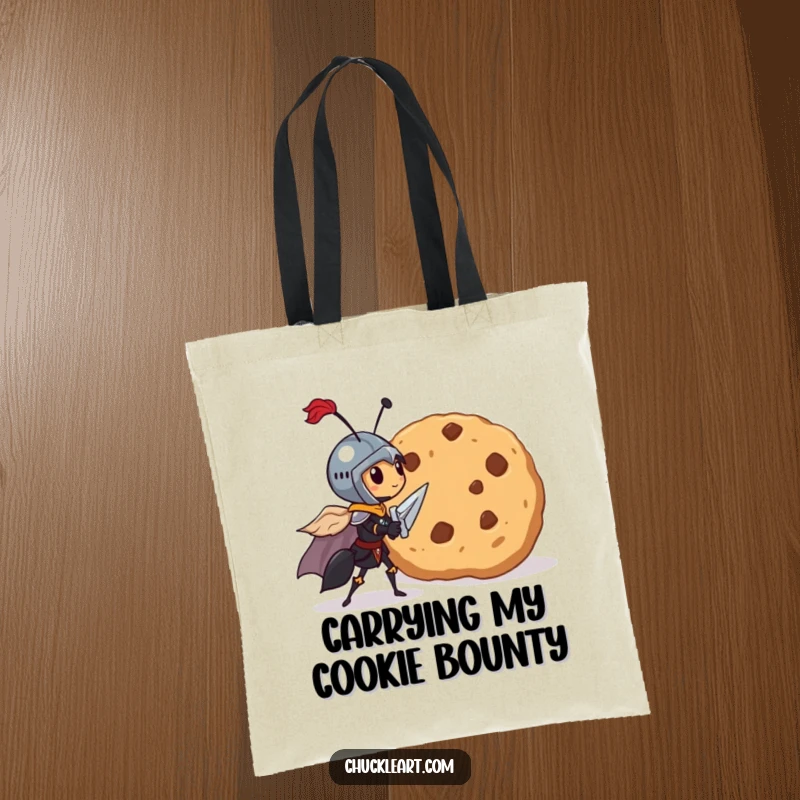 Funny tote bag featuring a brave, tiny ant knight in armor confronting a giant cookie, symbolizing a sweet quest.