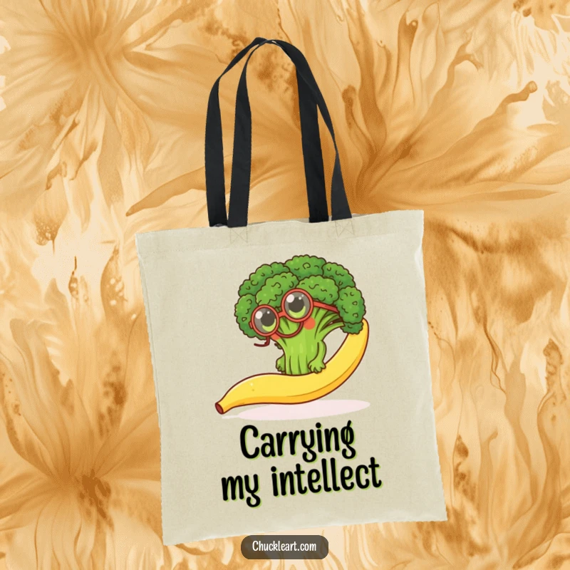 Funny tote bag with a determined broccoli floret wearing a monocle, hilariously climbing a slippery banana peel, practical and cute.