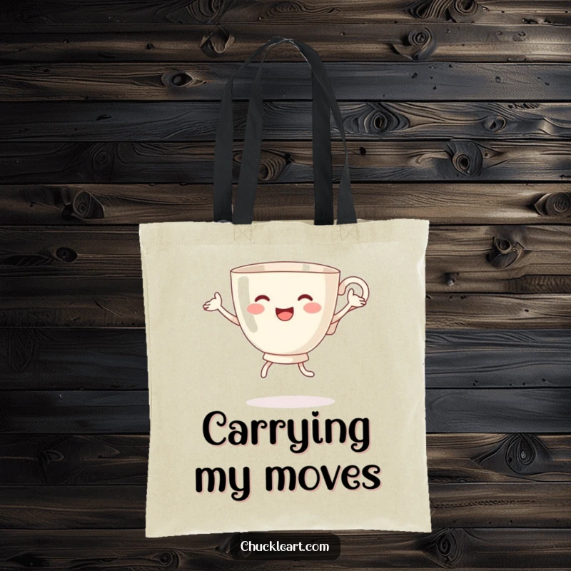 Funny tote bag showing a teacup with arms and legs joyfully performing a silly dance, ready to move and groove.
