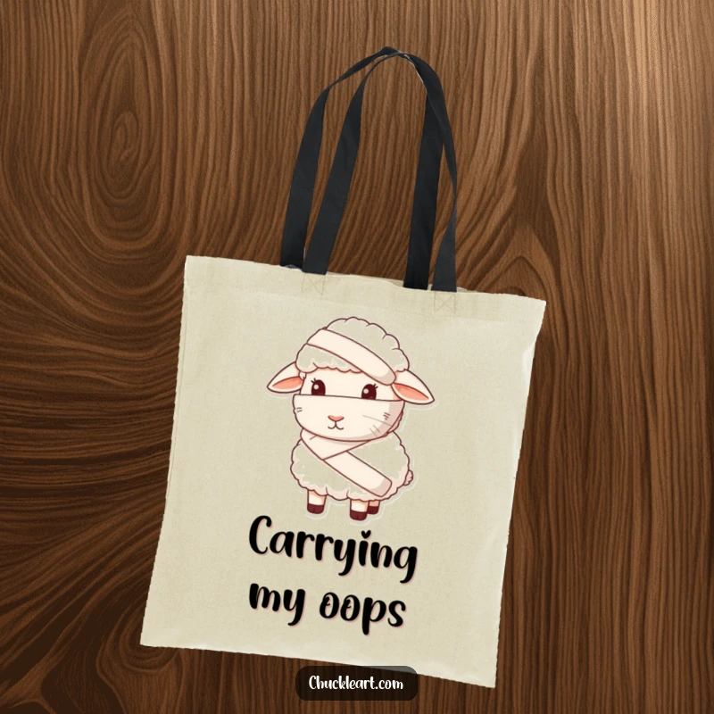 Funny tote bag with a sheep wearing a giant bandage and looking sheepish, for humorous everyday use.