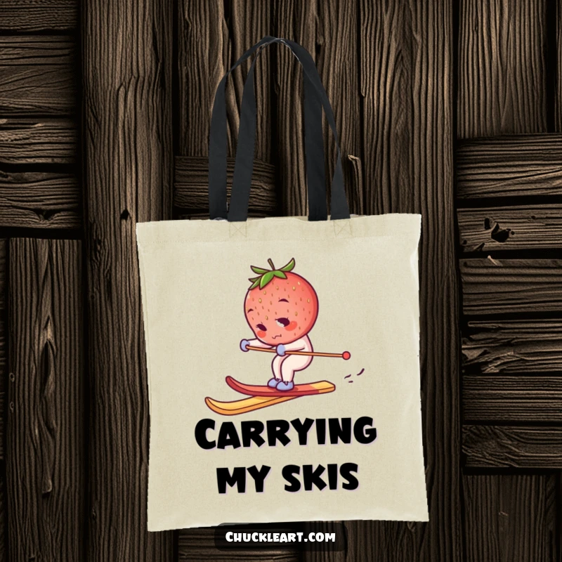 Funny skiing strawberry tote bag, a determined berry on a breadstick ski, perfect for carrying essentials with a humorous flair.