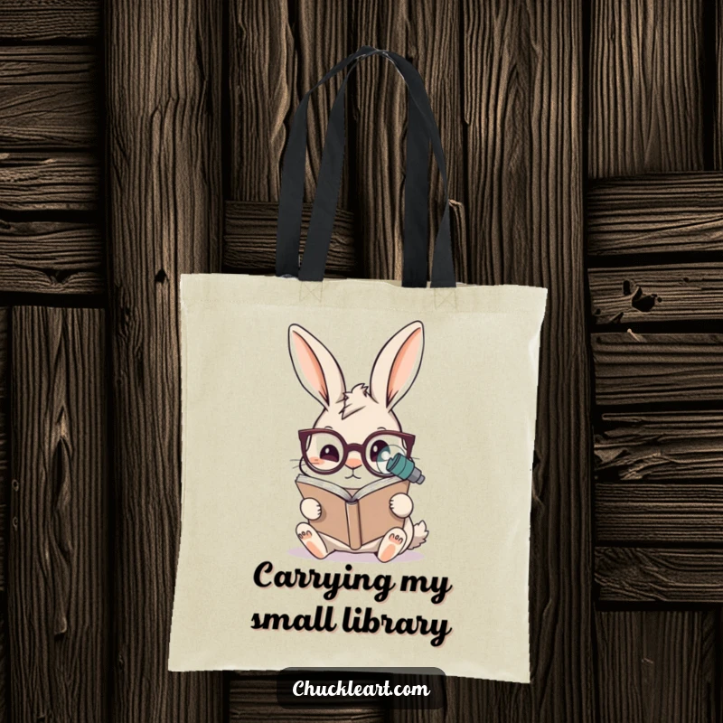 Funny rabbit tote bag showing a rabbit wearing oversized spectacles reading a microscopic book, perfect for carrying items with scholarly humor.