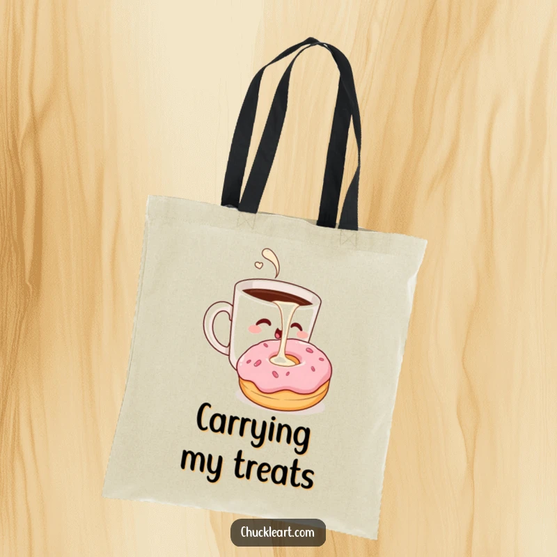 Funny tote bag with a winking coffee cup pouring milk into a surprised donut, a charming accessory.