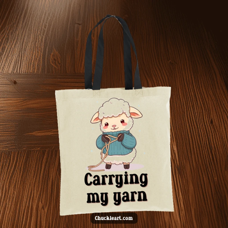 Funny tote bag showing a sheep hilariously tangled in yarn while trying to knit, a quirky and practical accessory for crafters.