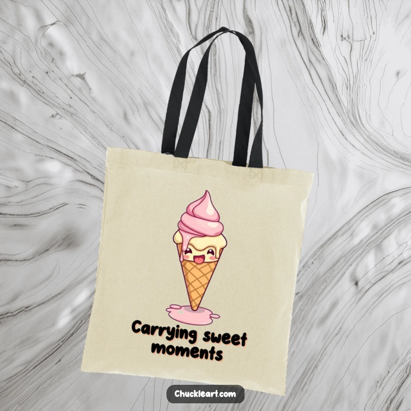 Funny tote bag showing a melting ice cream cone striking a dramatic pose, perfect for carrying items with a humorous and sweet theme.