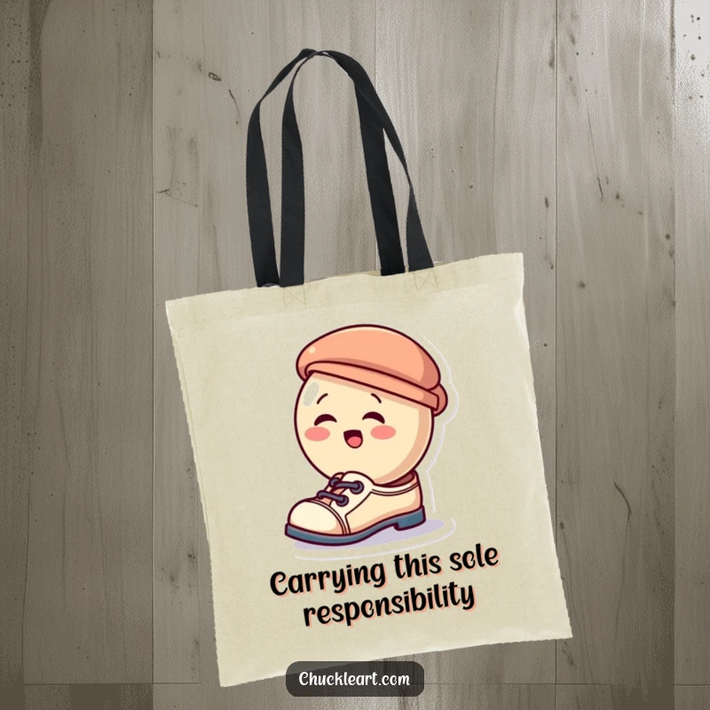 Funny tote bag featuring a giggling button character comically wearing a hat as a shoe, ideal for carrying groceries and good times.