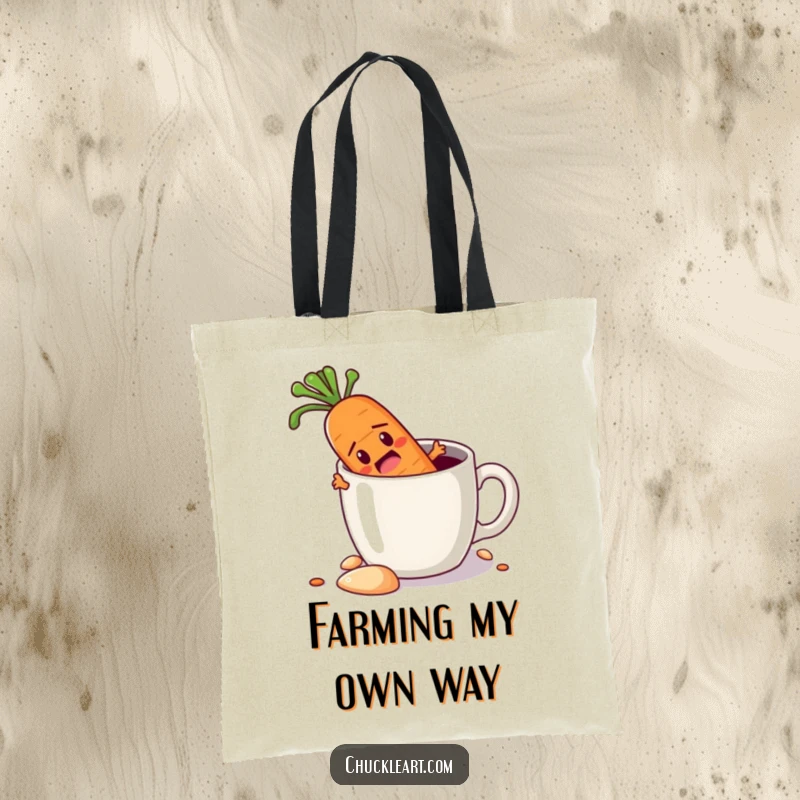 Funny tote bag showing a determined carrot digging its way out of a coffee mug, perfect for carrying items with a humorous, motivational theme.