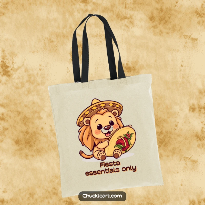 Funny lion wearing a tiny sombrero, trying to eat a colossal taco, on a durable tote bag for stylish and humorous errands.