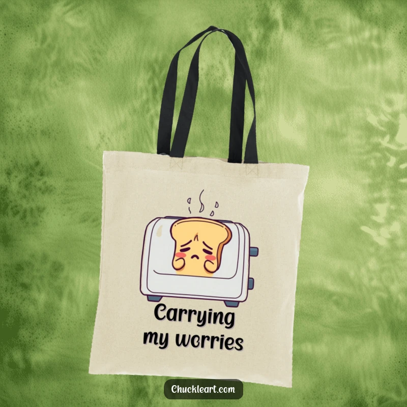 Funny bread loaf sweating in a toaster, on a durable tote bag, representing everyday stress.