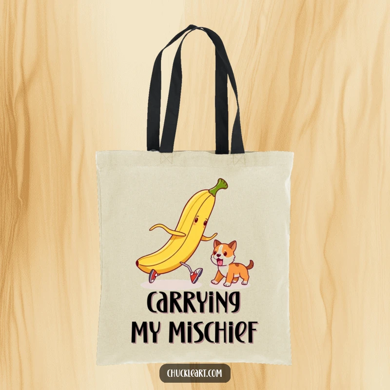 Funny banana peel wearing shoes plotting to trip a dog, on a durable tote bag.