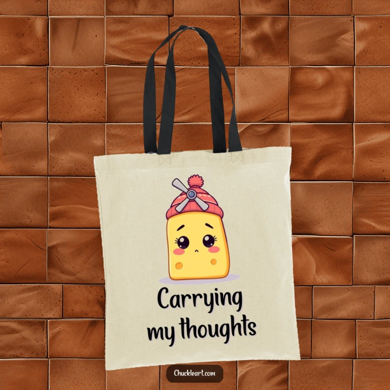 Funny tote bag featuring a bewildered cheese slice character wearing a tiny propeller beanie, perfect for carrying groceries and good vibes.