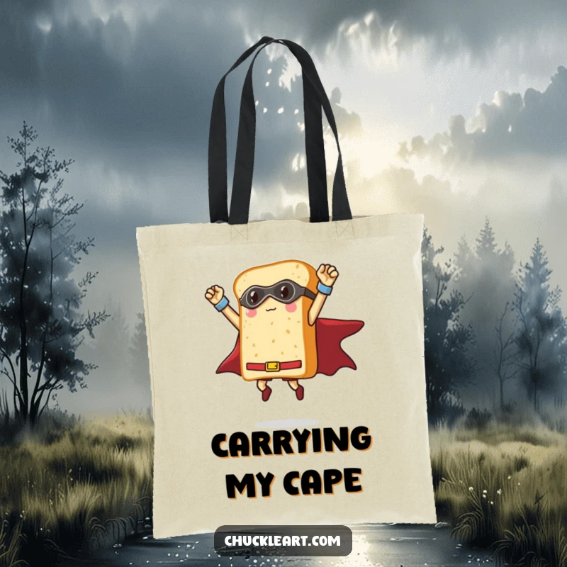 Funny loaf of bread dressed as a superhero striking a triumphant pose mid-air, a humorous tote bag for carrying food.