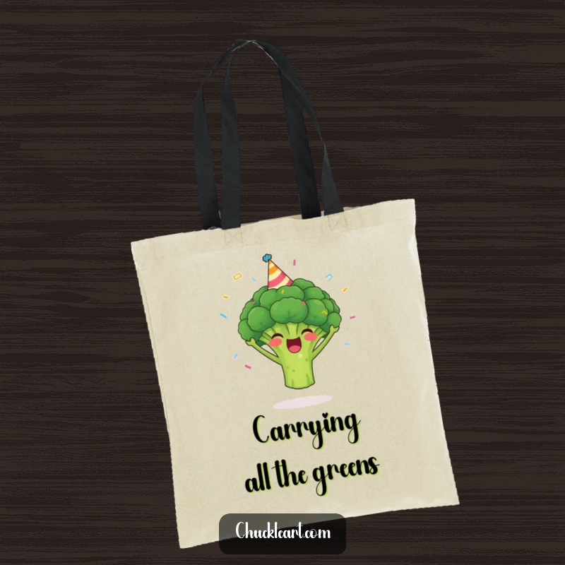 Funny broccoli tote bag illustrated with a jubilant broccoli wearing a party hat and surrounded by festive confetti.