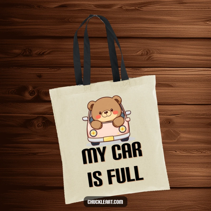 Funny tote bag depicting a chubby bear humorously spilling out of a miniature car, a quirky and practical accessory for daily use.