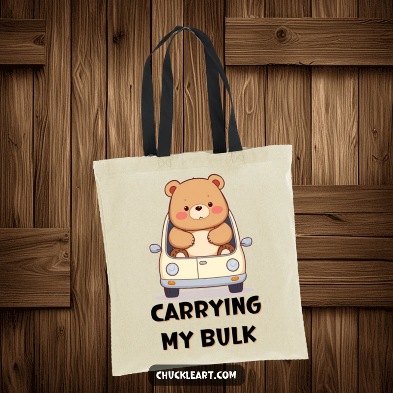 Funny chubby bear comically trying to fit in a miniature car, spilling out, on a durable tote bag, great for a funny gift.
