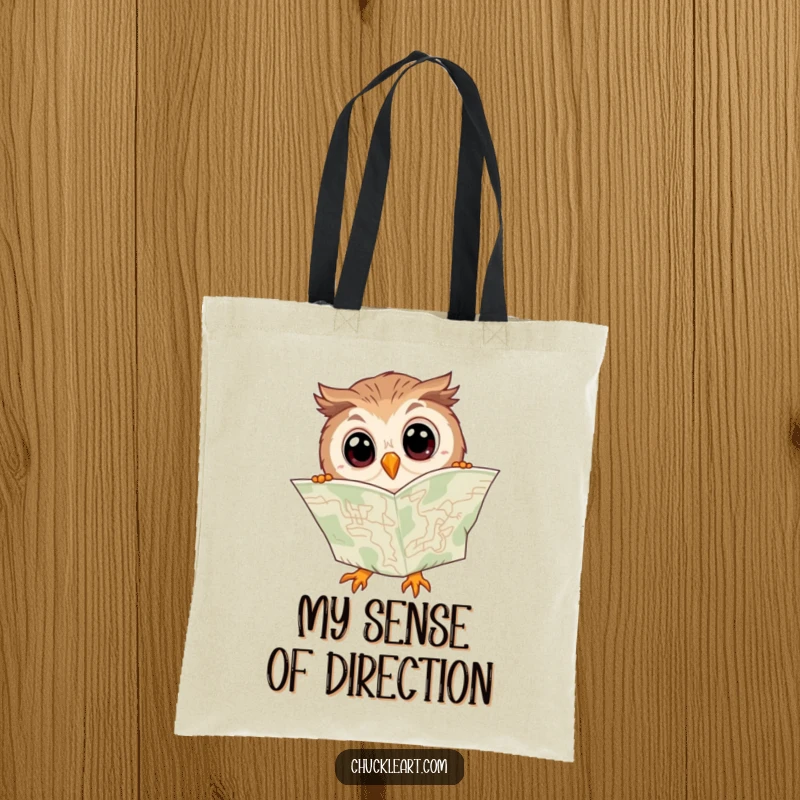 Funny tote bag with a clumsy owl, wide-eyed, trying to read a map that is clearly upside down.