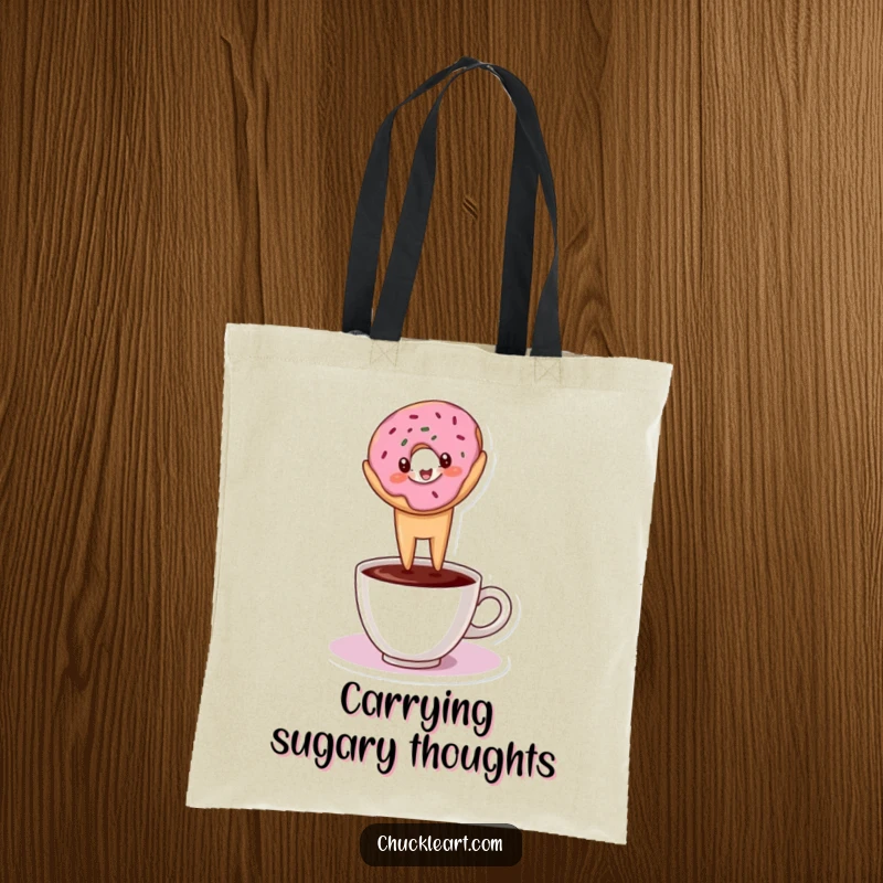 Funny tote bag with a donut in a headstand on a coffee cup, perfect for shopping and coffee lovers.