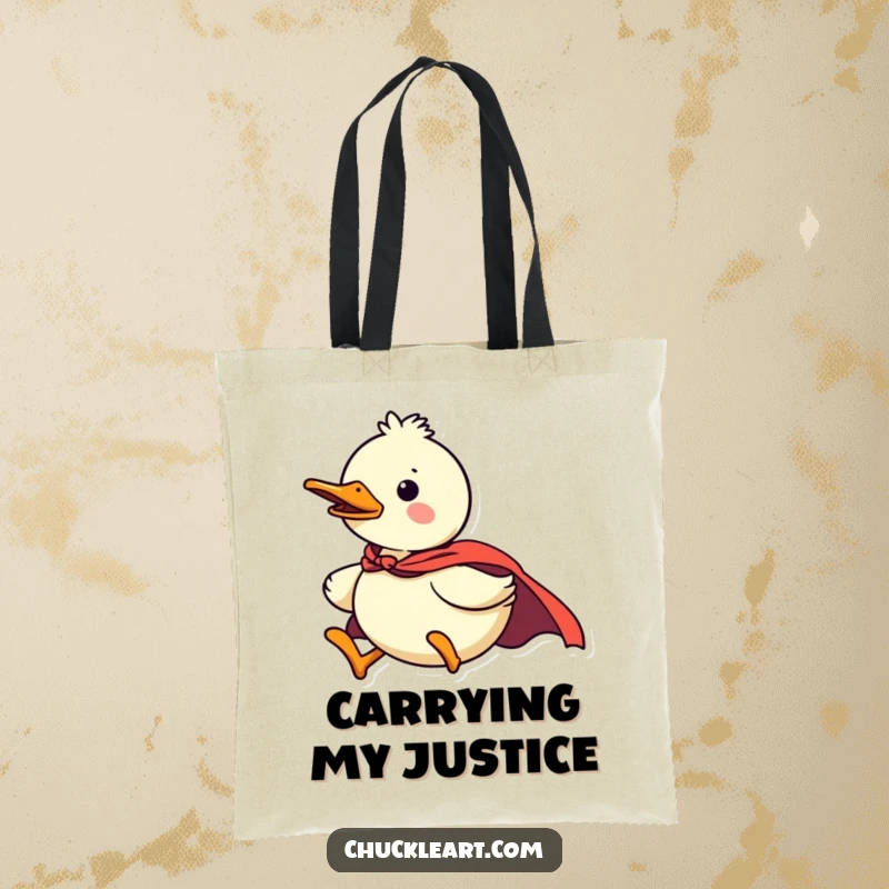 Funny duck superhero tote bag, confident and brave, flying with a tiny cape, a practical and humorous accessory, perfect funny gift.
