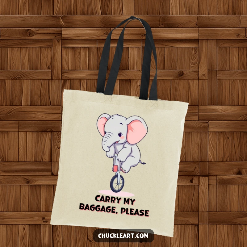Funny elephant tote bag illustrated with a wobbly baby elephant attempting to ride a tiny unicycle with a determined expression.