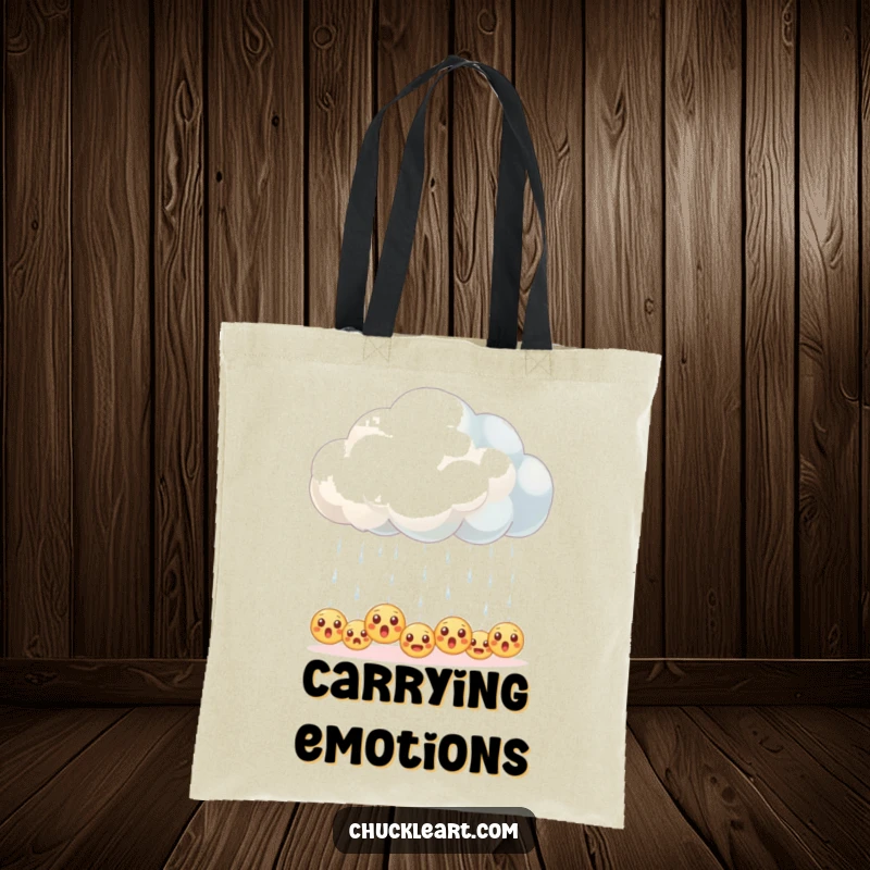 Funny tote bag with a fluffy cloud accidentally raining tiny emojis with surprised expressions.
