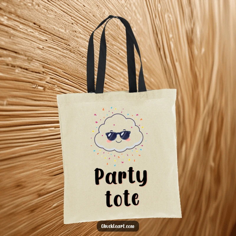 Funny giggling cloud with sunglasses, raining confetti, on a tote bag, a humorous accessory for festive occasions.