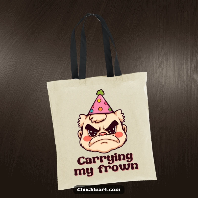 Funny tote bag depicting a grumpy face wearing a silly party hat, perfect for carrying essentials with a smirk.