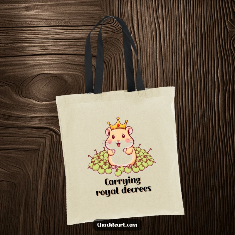 Funny hamster king commanding peas on a tote bag, ideal for carrying essentials with pet-themed humor.