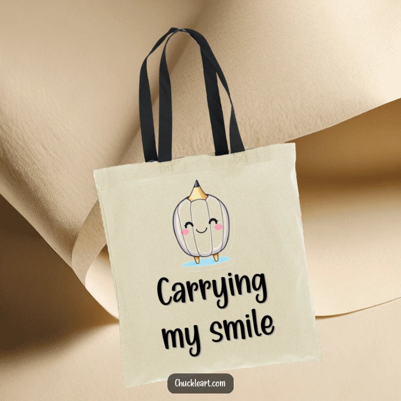 Funny tote bag with a happy little pencil drawing a smiley face on itself, for carrying art supplies.