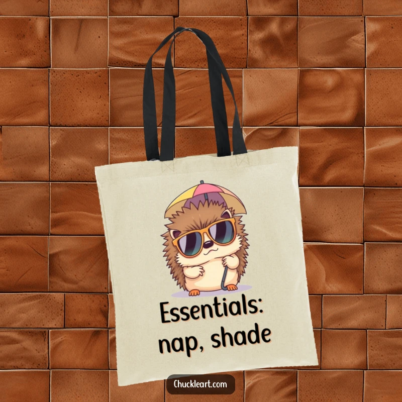 Funny tote bag with a grumpy hedgehog in sunglasses trying to nap under a tiny umbrella, perfect for carrying essentials with attitude.