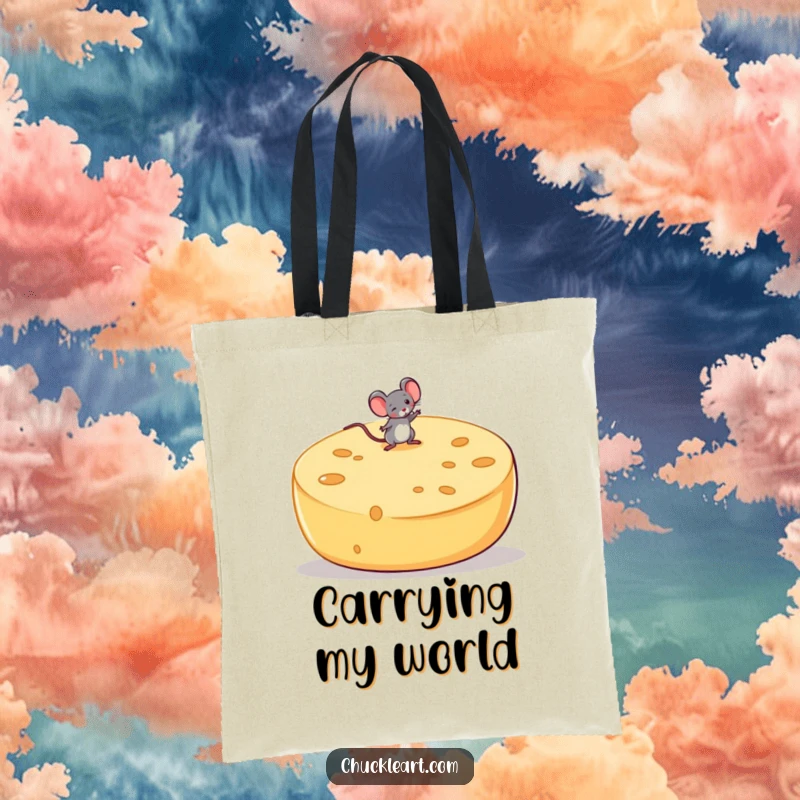 Funny tote bag with a small mouse attempting to balance on a giant, precarious cheese wheel, for grocery runs and more.
