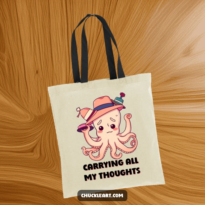 Funny tote bag showing a confused octopus entangled in multiple hats, a quirky and practical accessory for carrying your belongings.