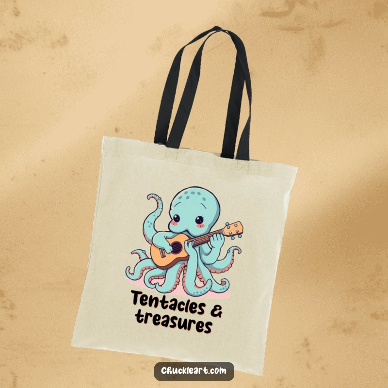 Funny tote bag depicting an octopus with too many tentacles for one ukulele, creating a comical musical scene for shoppers.
