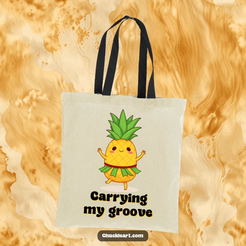 Funny tote bag featuring a dancing pineapple in a tiny hula skirt, spinning with tropical energy, great for market trips.